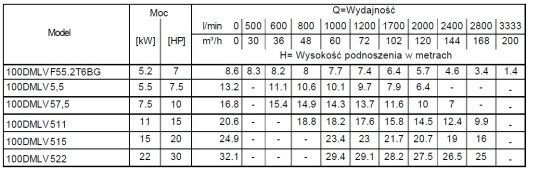 Tabela charakterystyk Ebara 100DMLV 