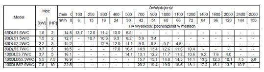 Tabela charakterystyk Ebara DL WC